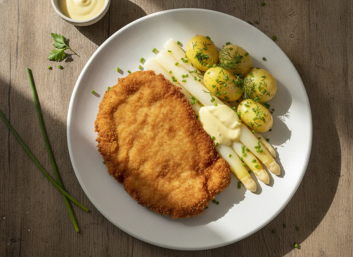Wiener Schnitzel mit weißem Spargel, Salzkartoffeln und Sauce Hollandaise photo