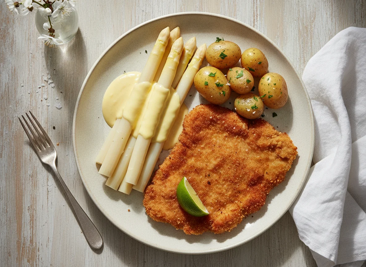 Wiener Schnitzel mit weißem Spargel, Sauce Hollandaise und Salzkartoffeln photo