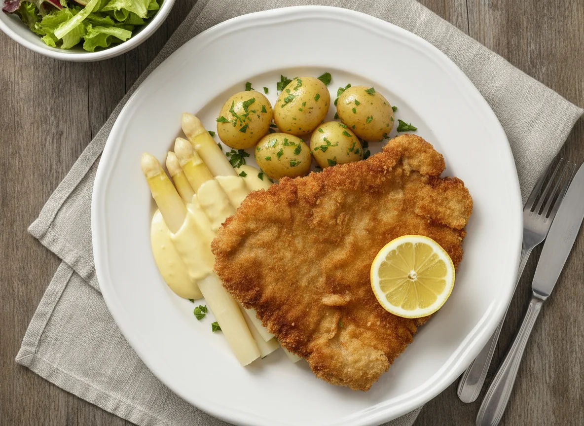 Wiener Schnitzel mit weißem Spargel und Petersilienkartoffeln photo
