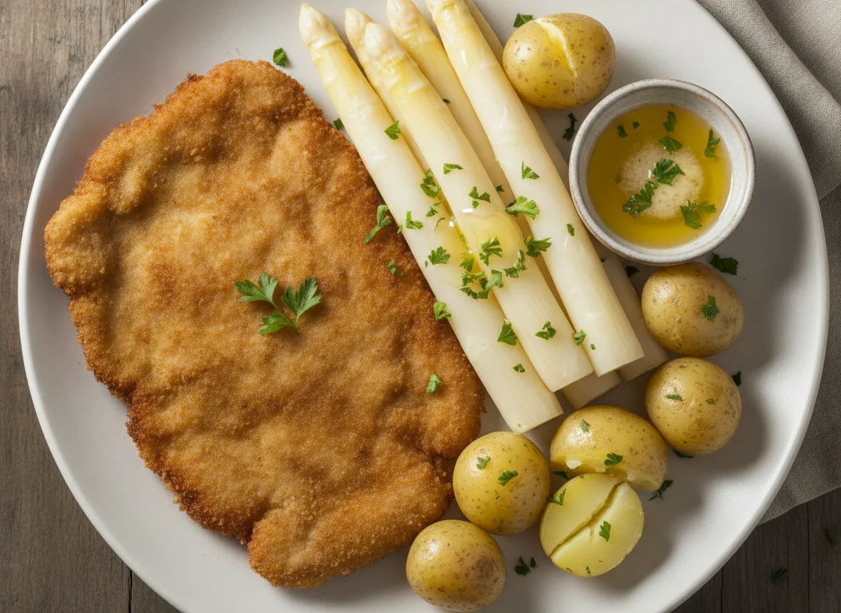 Wiener Schnitzel mit weißem Spargel und Salzkartoffeln photo