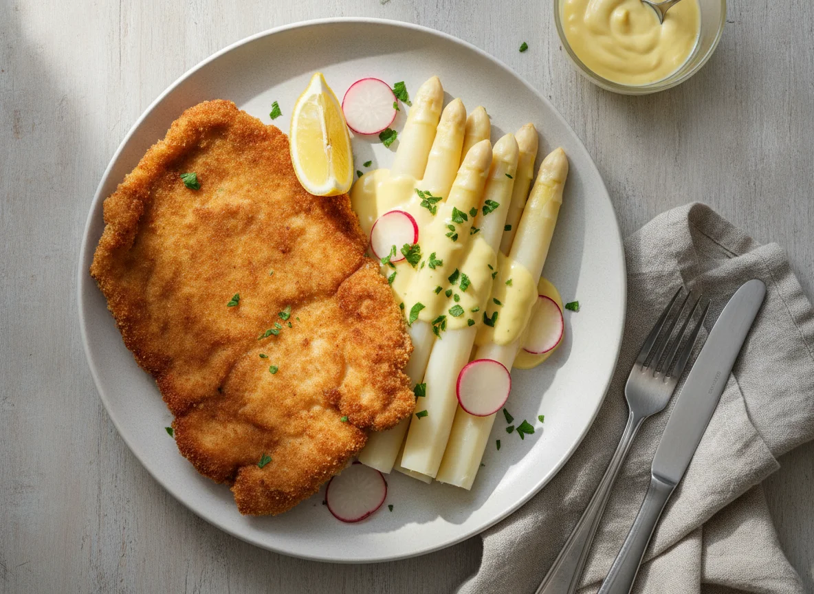 Wiener Schnitzel mit weißem Spargel und Sauce Hollandaise photo