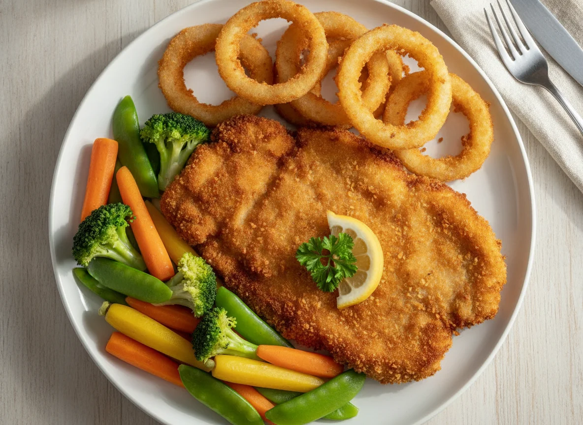 Wiener Schnitzel mit Zwiebelringen und Gemüse photo