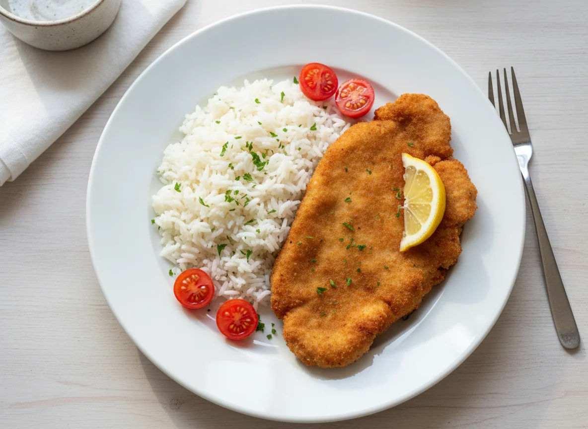 Wiener Schnitzel vom Schwein mit Reis photo