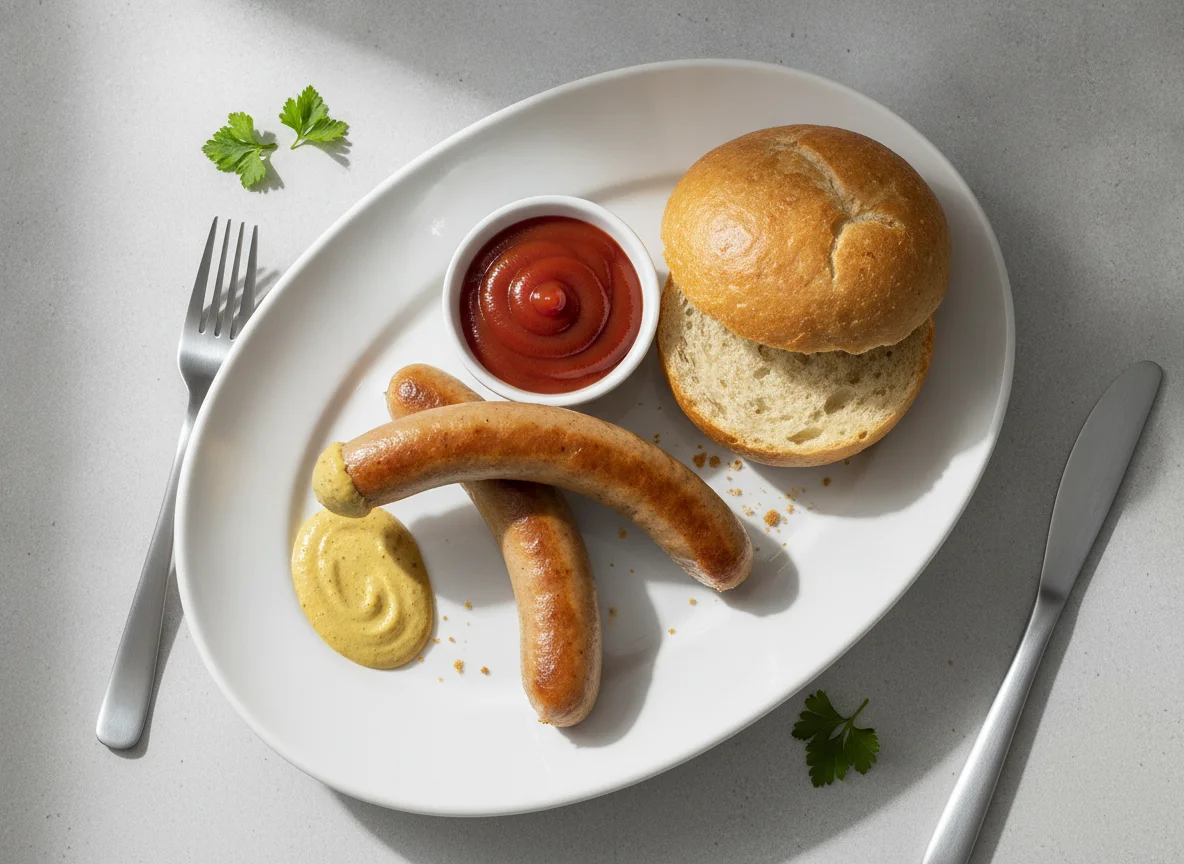 Wiener Würstchen mit Brötchen, Senf und Ketchup photo