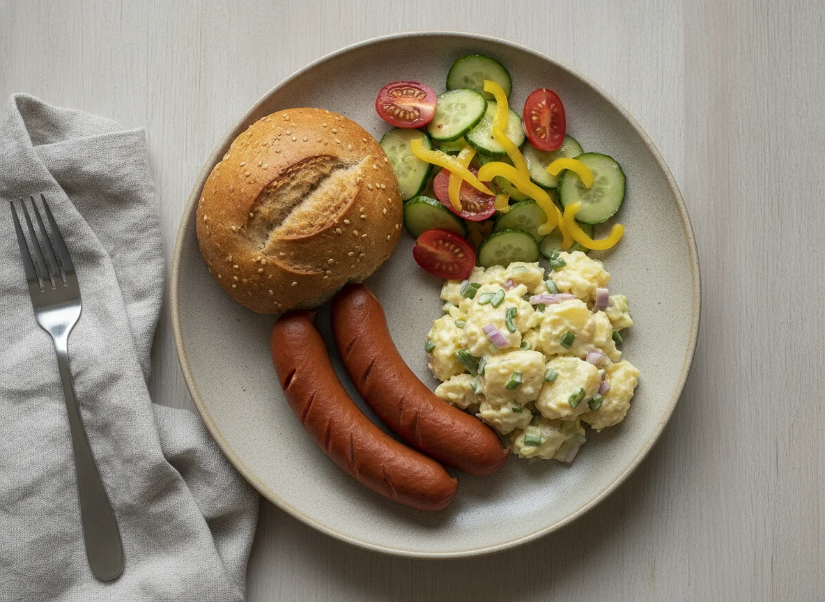 Wiener Würstchen mit Brötchen und Kartoffelsalat photo