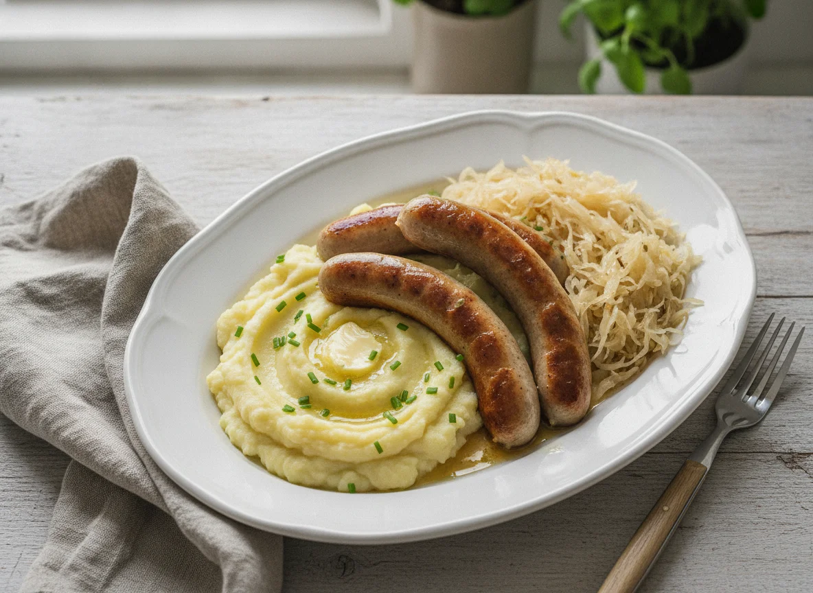 Wiener Würstchen mit Kartoffelbrei und Sauerkraut photo