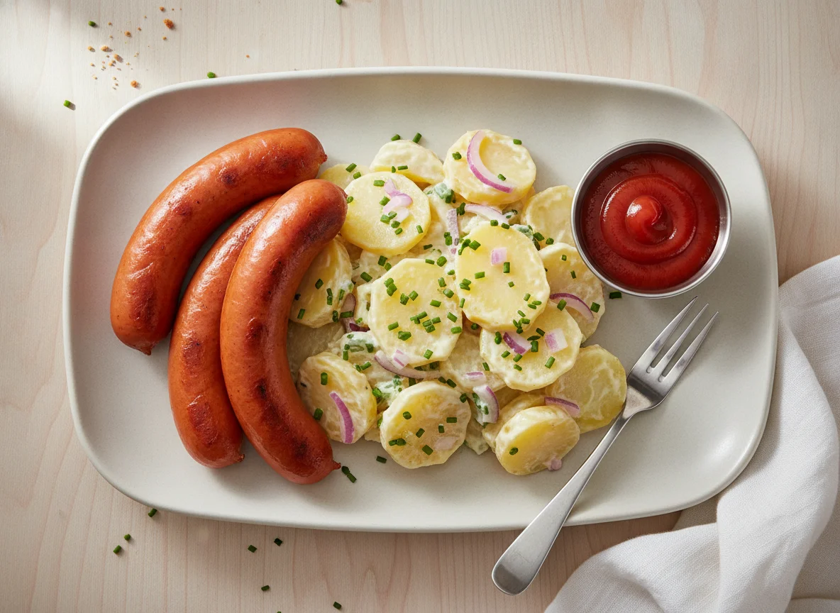 Wiener Würstchen mit Kartoffelsalat und Ketchup photo