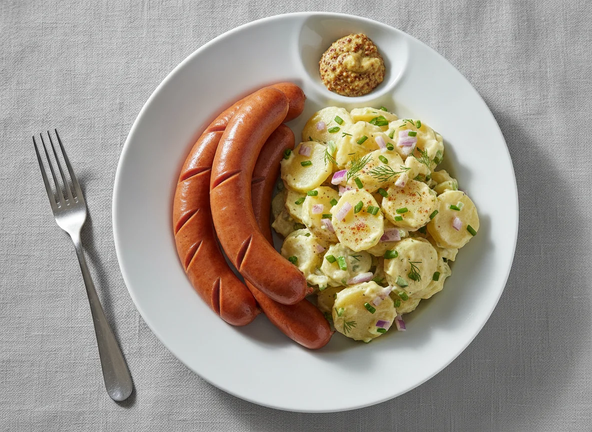 Wiener Würstchen mit Kartoffelsalat und Senf photo
