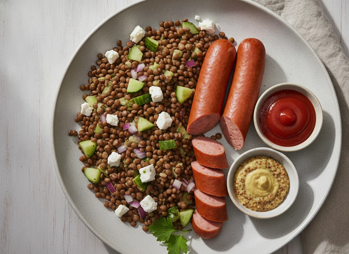 Wiener Würstchen mit Linsensalat und Saucen photo