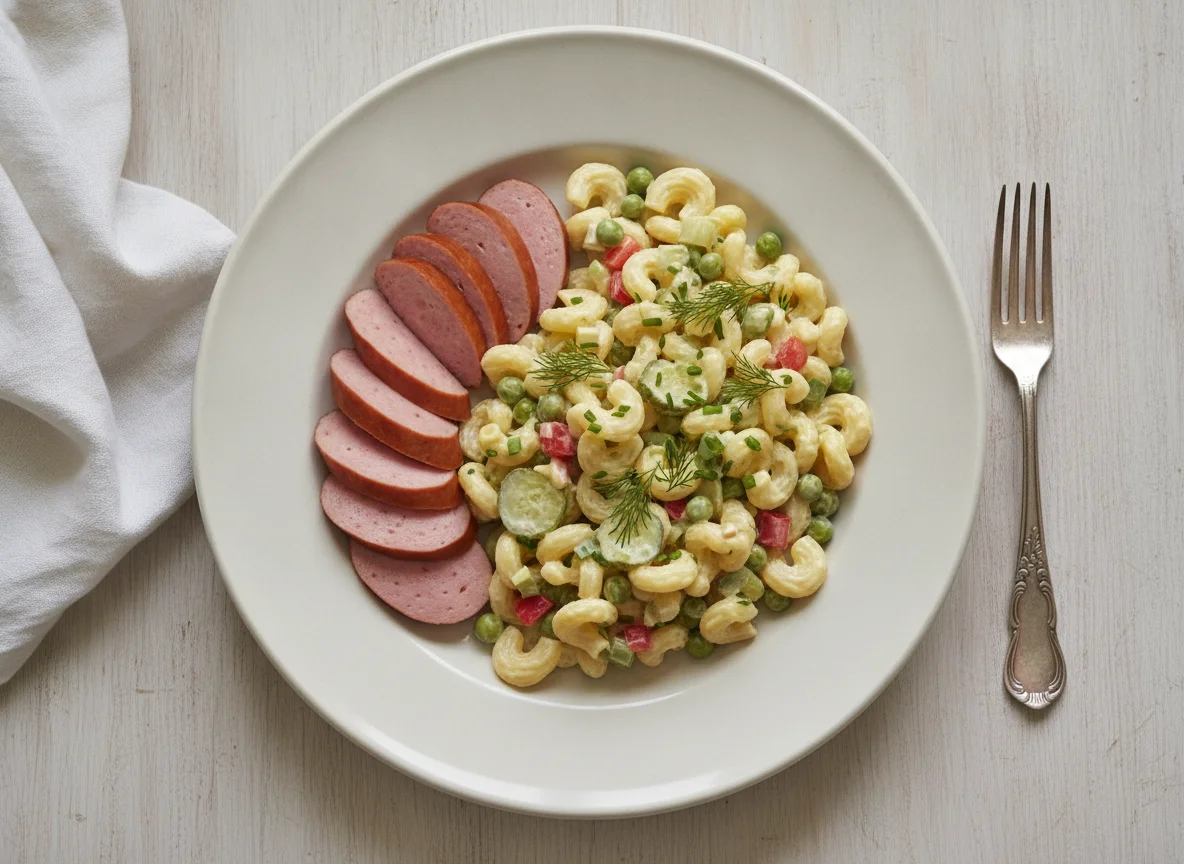 Wiener Würstchen mit Nudelsalat photo