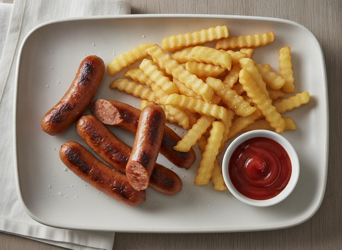 Wienerli mit Pommes Frites und Ketchup photo