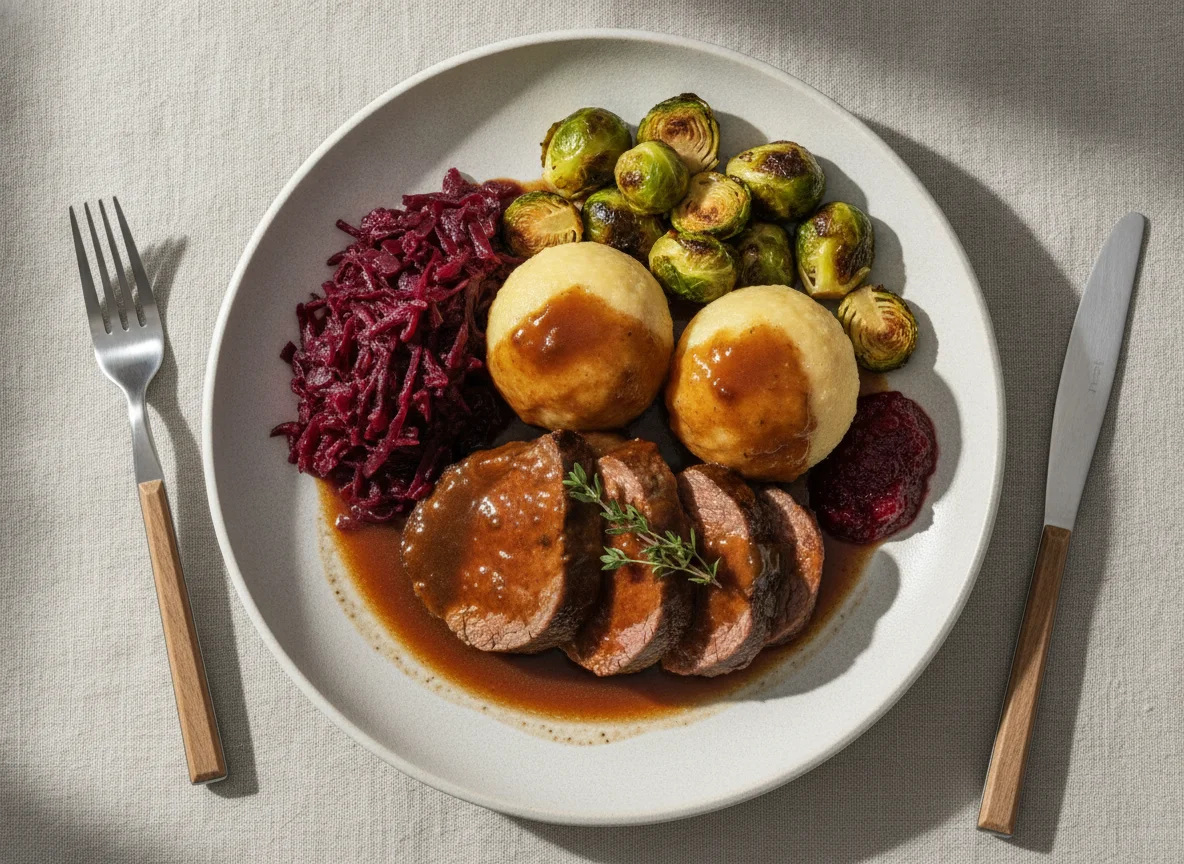 Wildbraten mit Klößen, Rotkohl und Rosenkohl photo