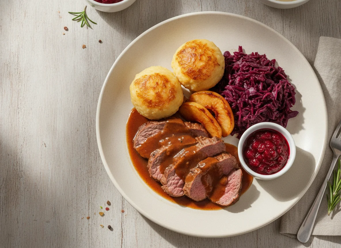Wildbraten mit Rotkohl, Klößen und Preiselbeeren photo