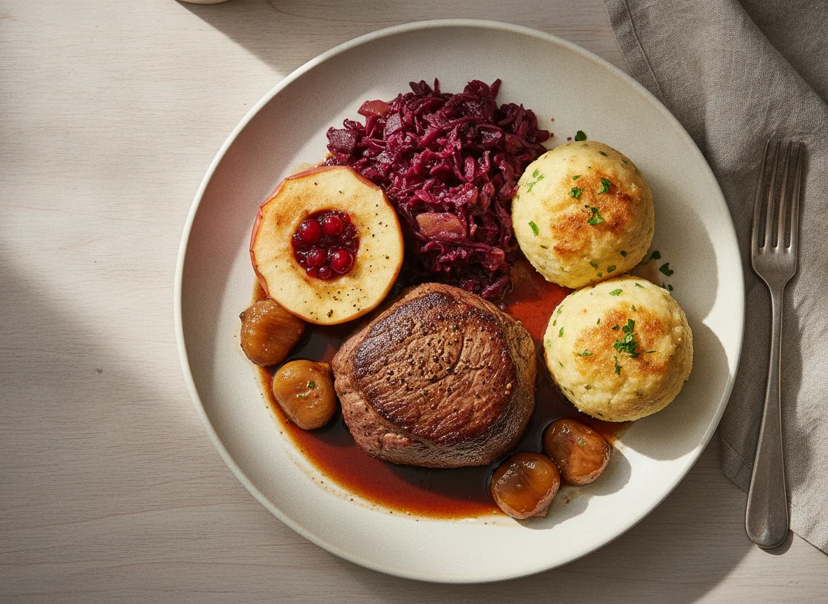 Wildgericht mit Rotkohl, Klößen und Bratapfel photo