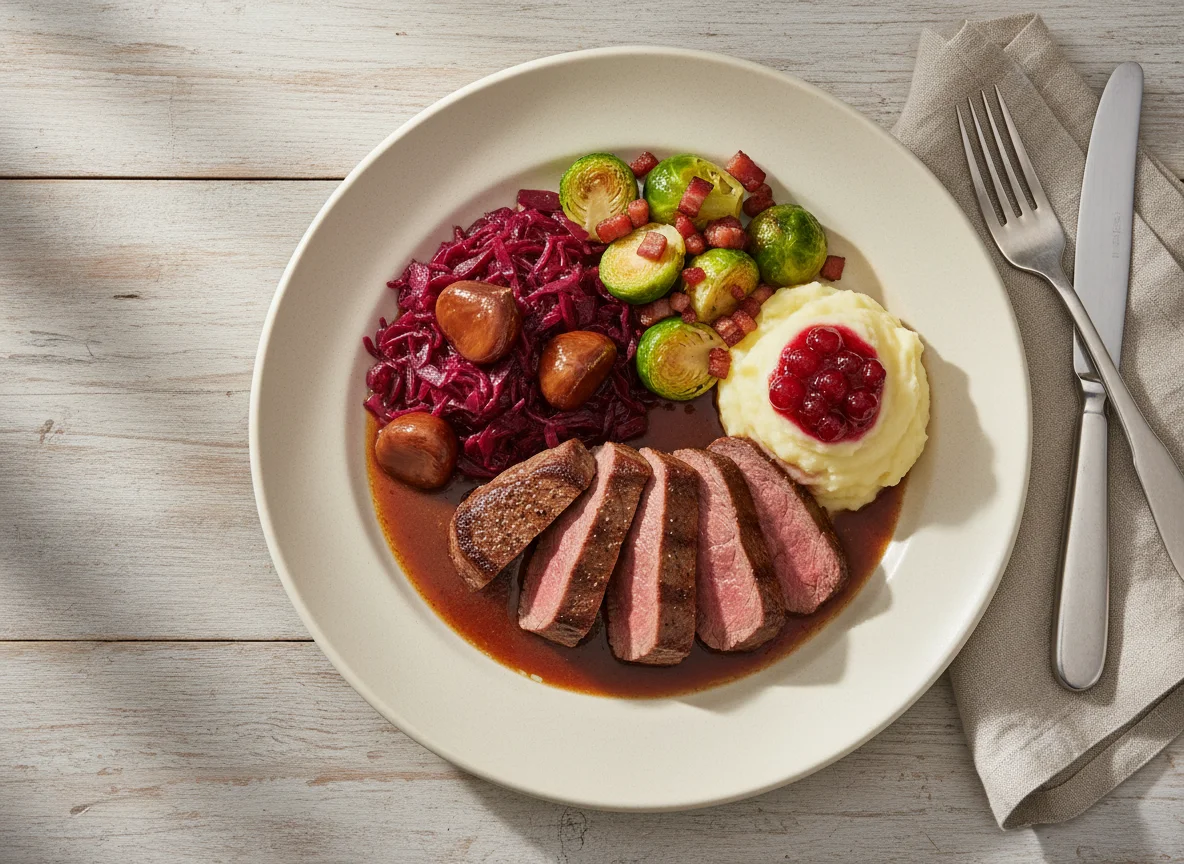 Wildgericht mit Rotkohl, Rosenkohl und Kartoffelstock photo