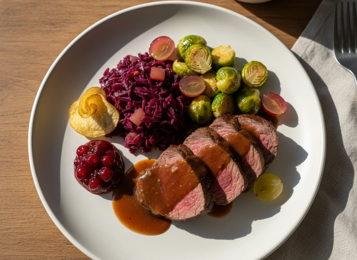 Wildgericht mit Rotkohl, Rosenkohl und Preiselbeeren photo