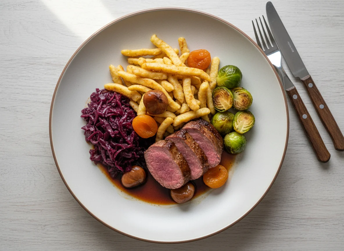 Wildgericht mit Spätzle und Beilagen photo