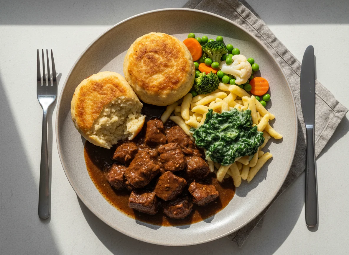 Wildgulasch mit Klößen und Gemüse photo