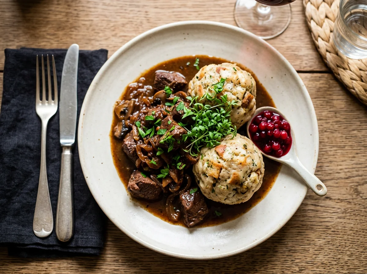 Wildgulasch mit Knödel und Preiselbeeren photo