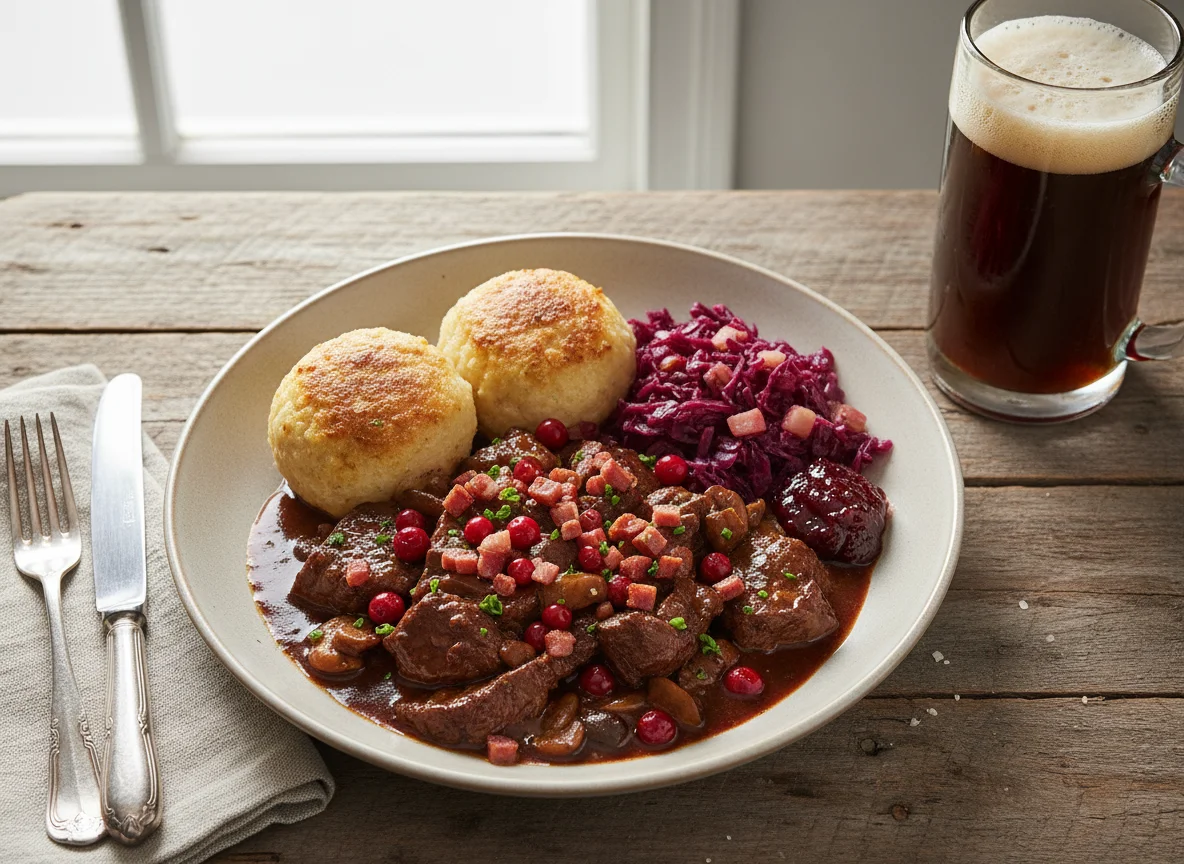 Wildgulasch mit Knödel und Rotkohl photo