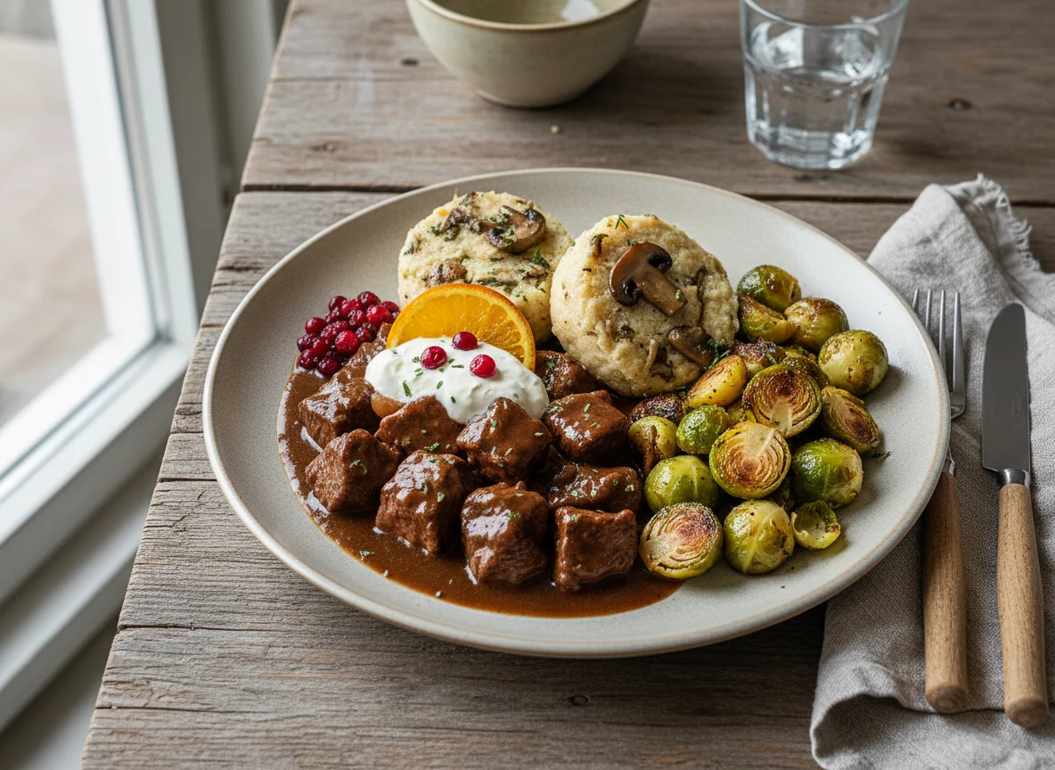 Wildgulasch mit Knödeln und Rosenkohl photo