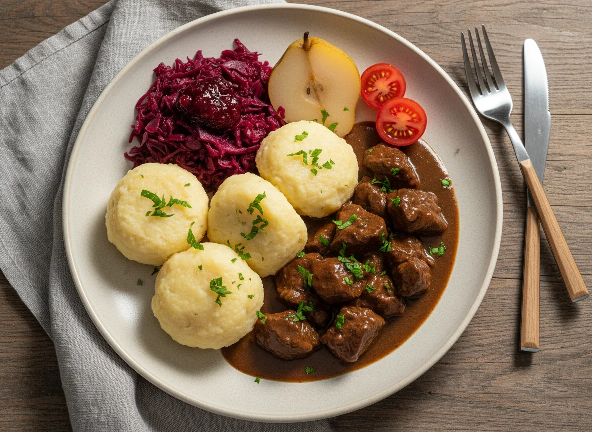 Wildgulasch mit Knödeln und Rotkohl photo