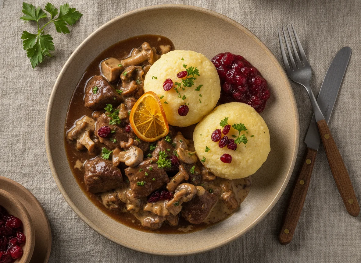 Wildgulasch mit Pilzen, Preiselbeeren und Knödel photo