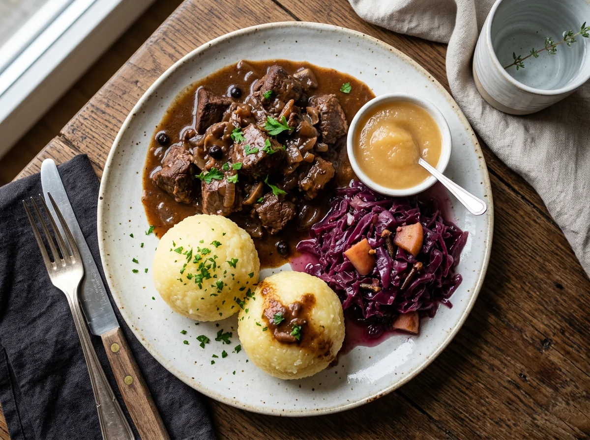 Wildgulasch mit Rotkohl und Klößen photo