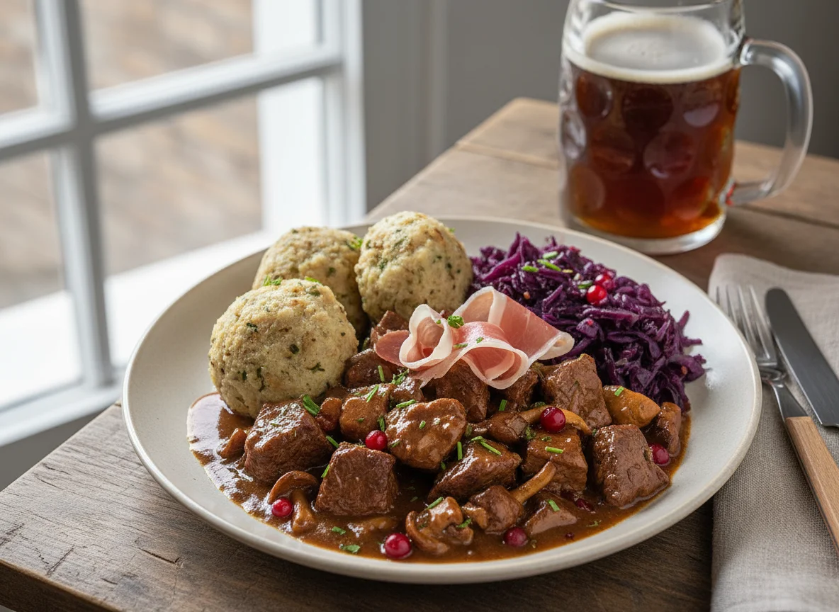 Wildgulasch mit Semmelknödel und Rotkohl photo