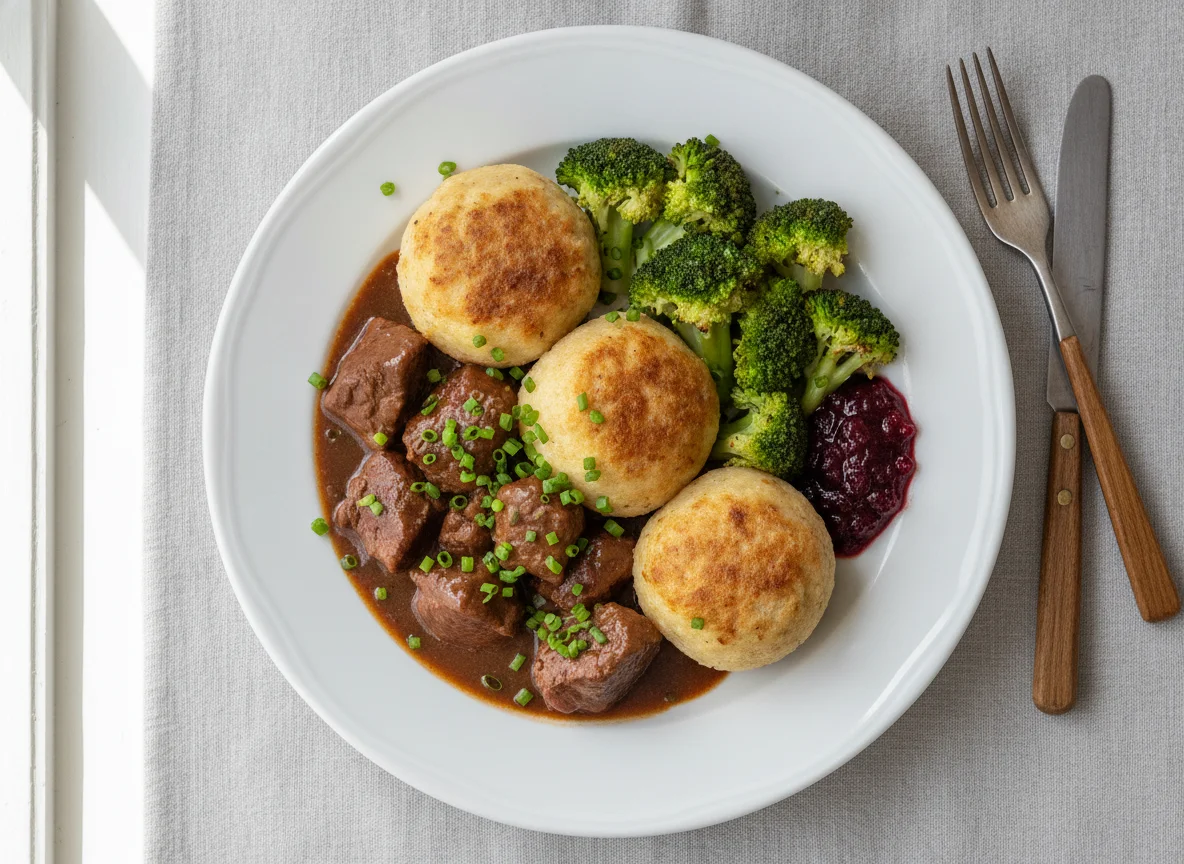 Wildgulasch mit Semmelknödeln und Brokkoli photo