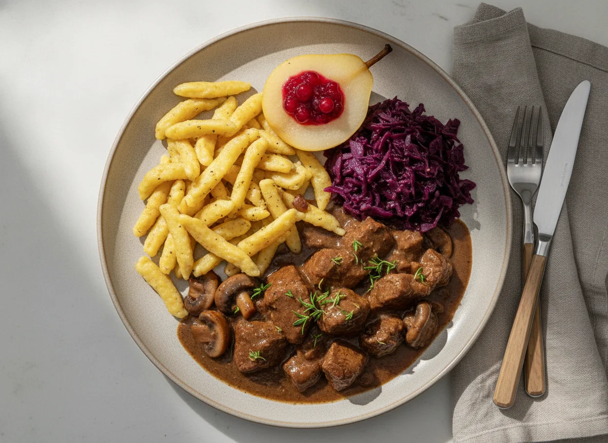 Wildgulasch mit Spätzle, Rotkohl, Pilzen und Birne mit Preiselbeeren photo