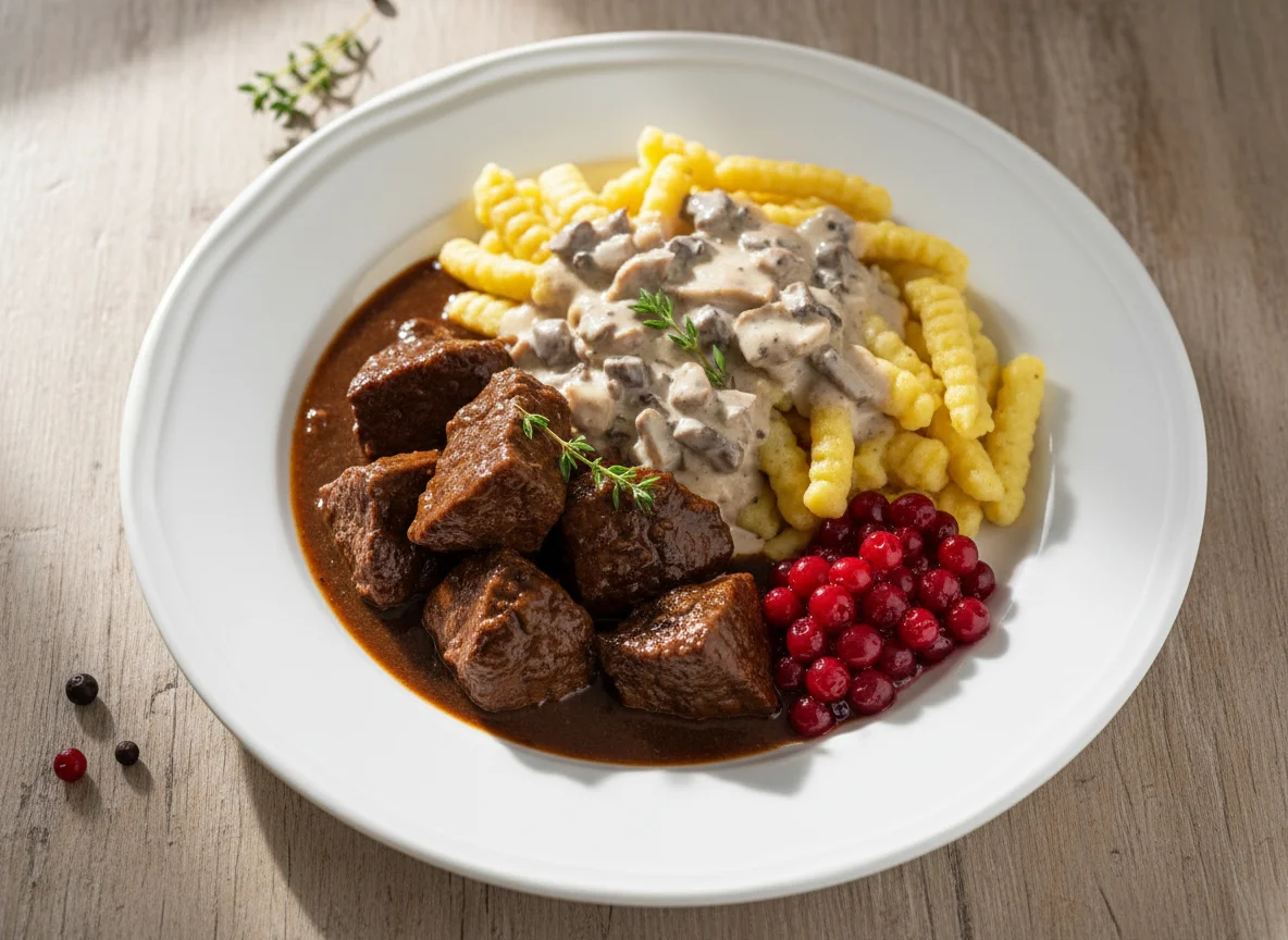 Wildgulasch mit Spätzle und Preiselbeeren photo