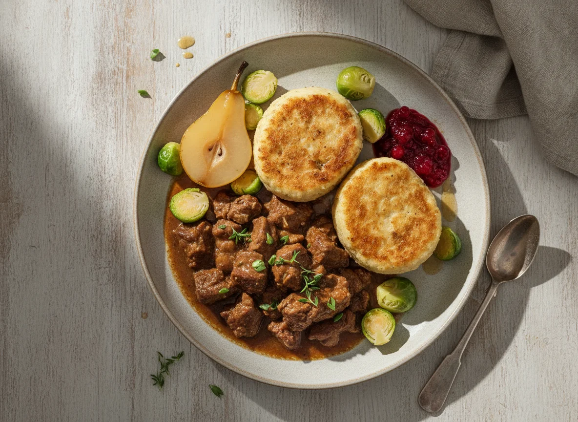 Wildragout mit Knödeln, Rosenkohl und Preiselbeeren photo