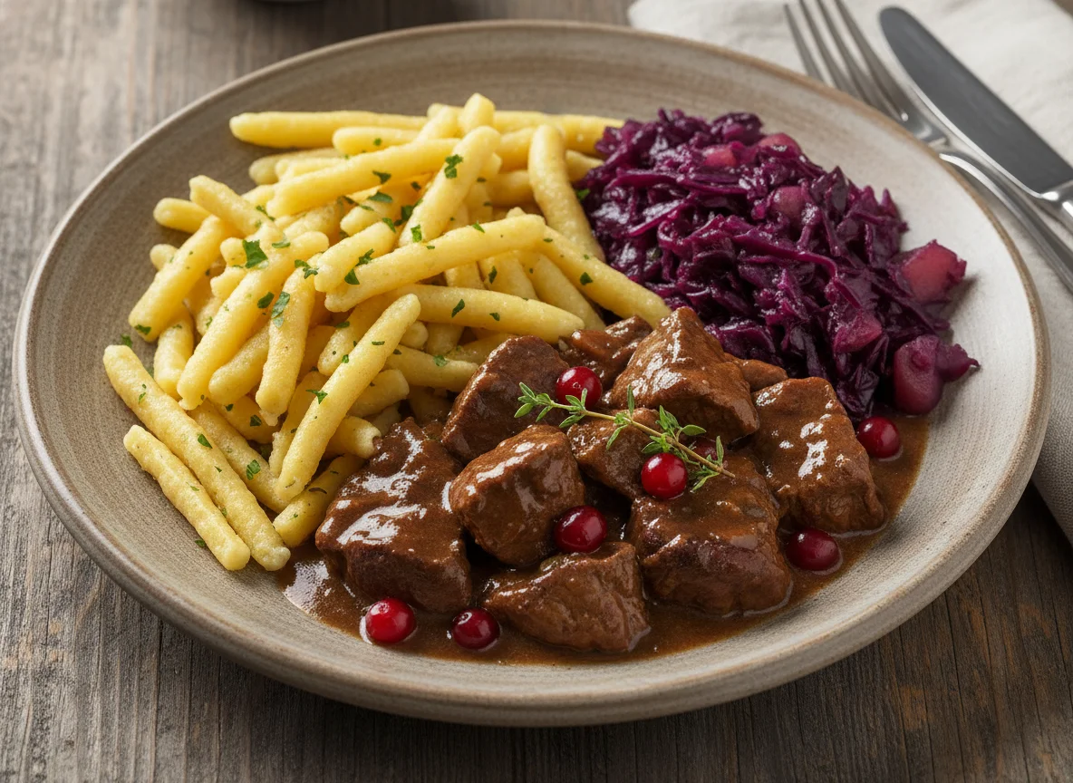 Wildragout mit Spätzle und Rotkraut photo