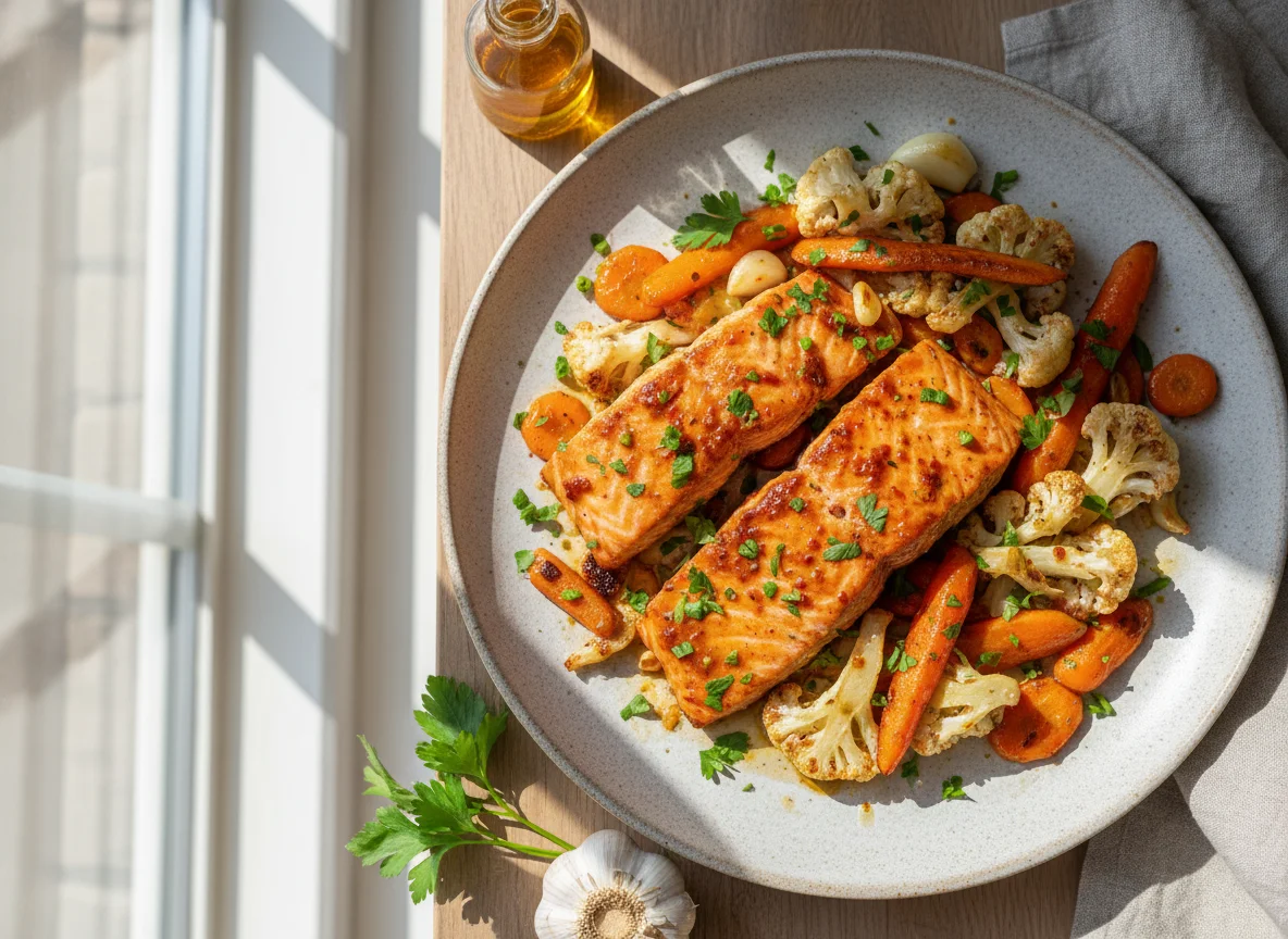 Wok-Lachs mit Blumenkohl und Karotten photo