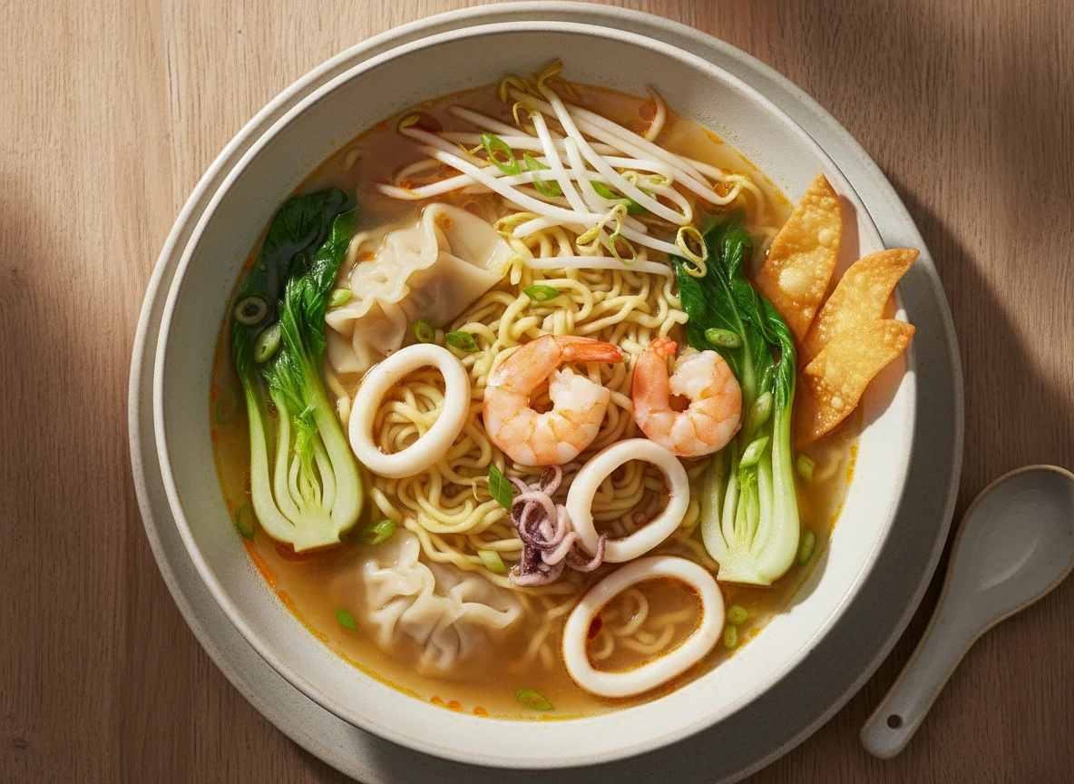 Wonton-Nudelsuppe mit Meeresfrüchten photo
