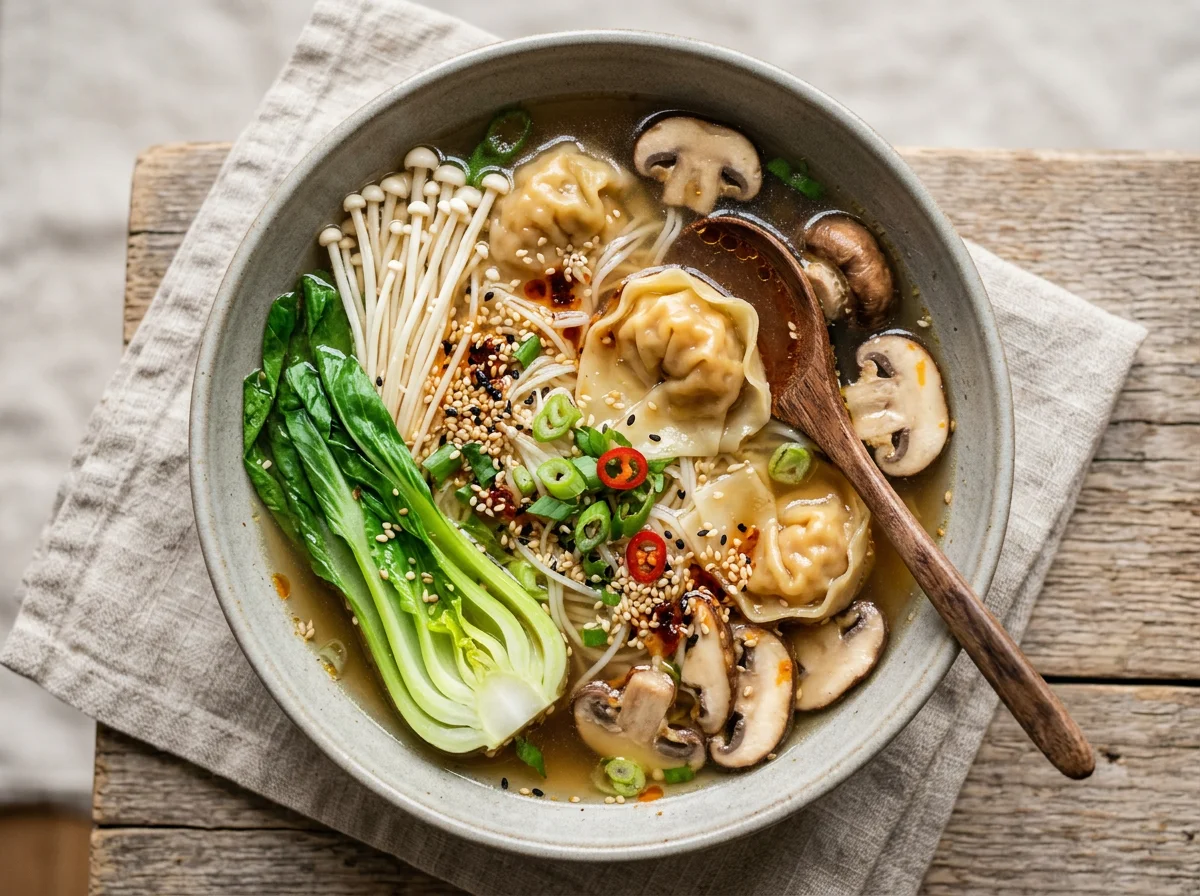Wonton-Suppe mit Pilzen und Gemüse photo