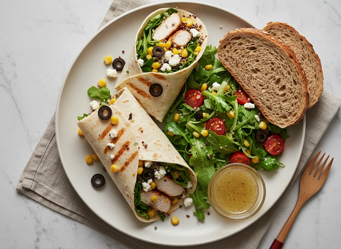 Wrap mit Beilagensalat und Brot photo