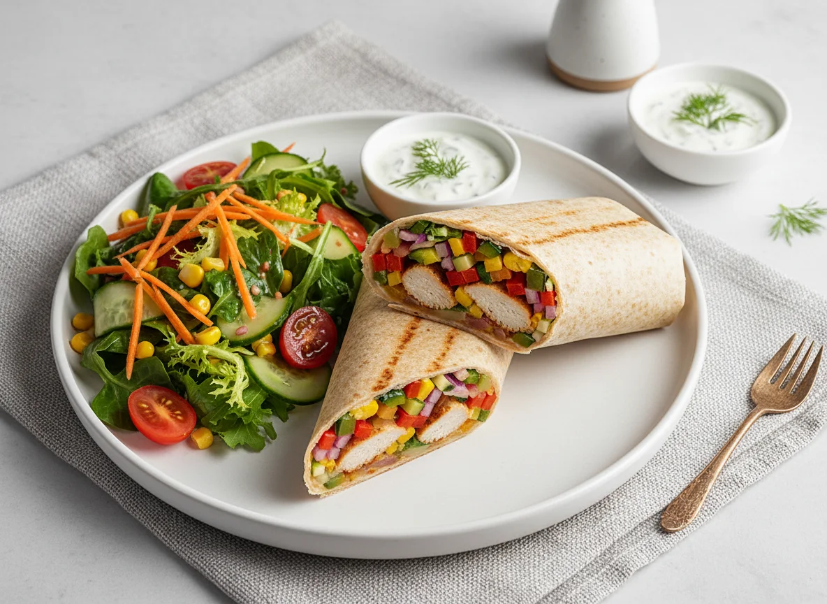 Wrap mit Beilagensalat und Dip photo