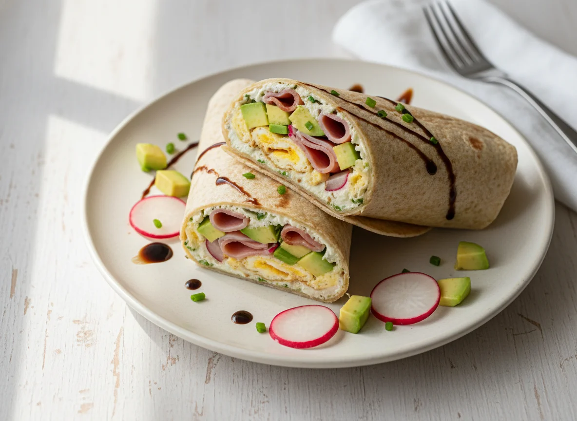 Wrap mit Ei, Schinken, Avocado und Radieschen photo