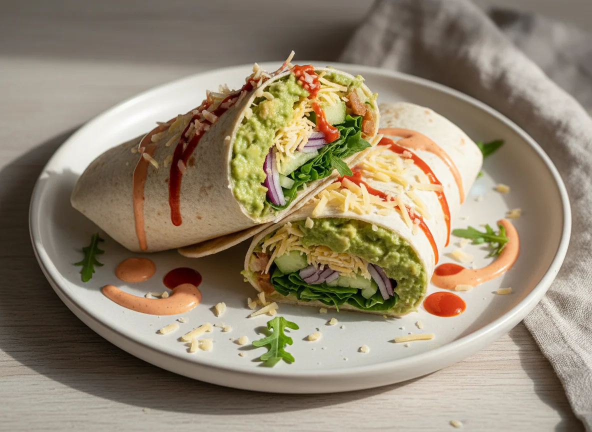Wrap mit Guacamole, Käse und Saucen photo