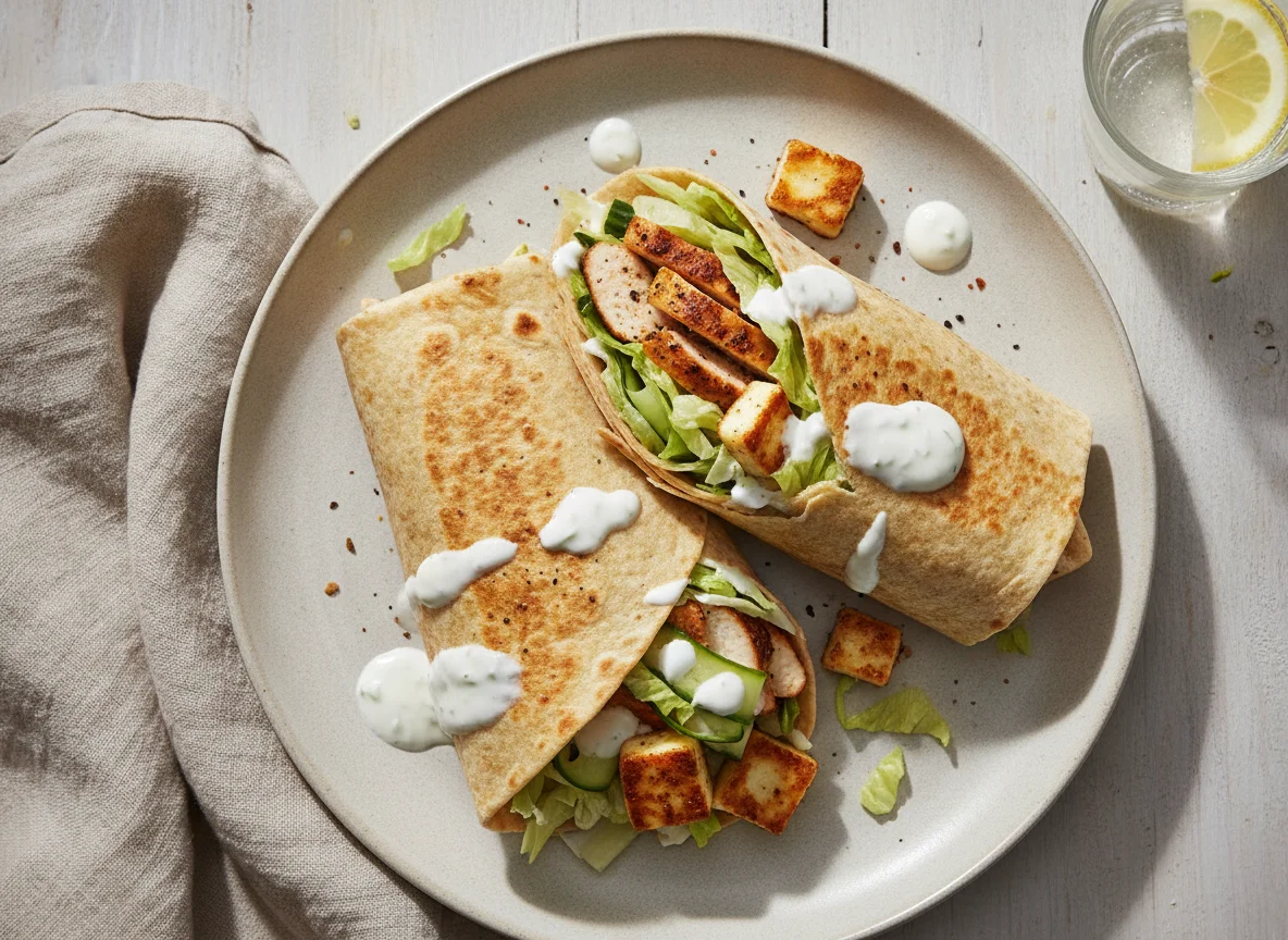 Wrap mit Hähnchen, Halloumi und Salat photo