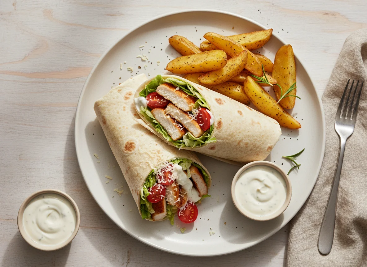 Wrap mit Hähnchen, Kartoffelspalten und Salat photo