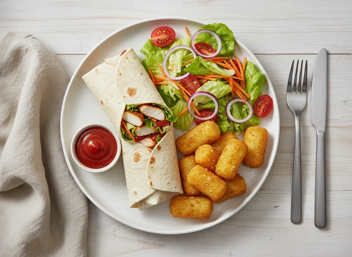 Wrap mit Hähnchen, Kroketten und Salat photo