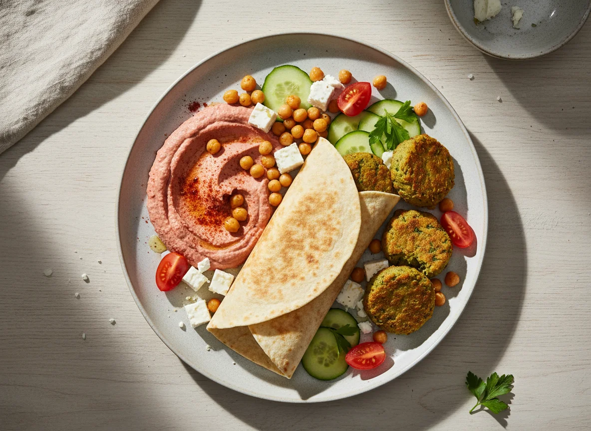 Wrap mit Hummus, Kichererbsen, Feta und Falafel photo