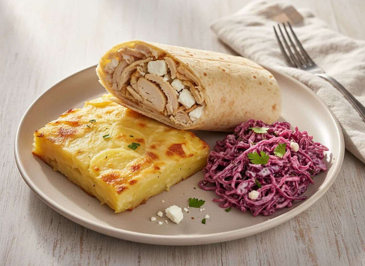 Wrap mit Kartoffelgratin und Krautsalat photo