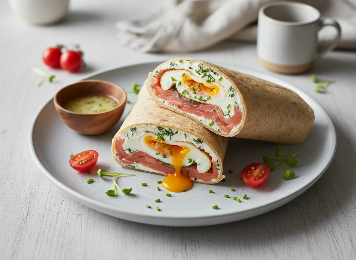 Wrap mit Lachs, Spiegelei und Frischkäse photo
