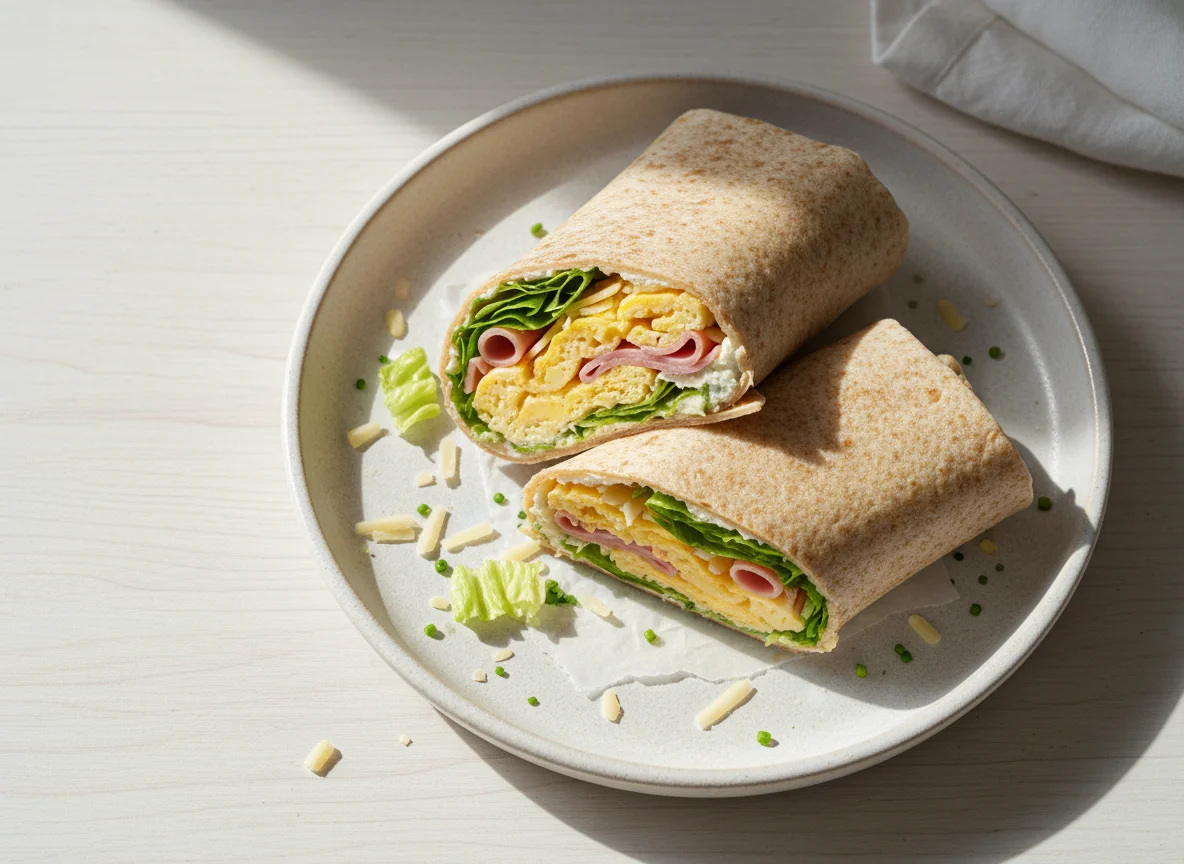 Wrap mit Rührei, Schinken und Käse photo
