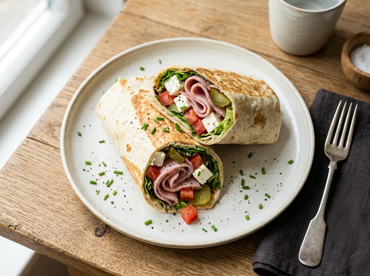 Wrap mit Schinken, Feta und Gemüse photo
