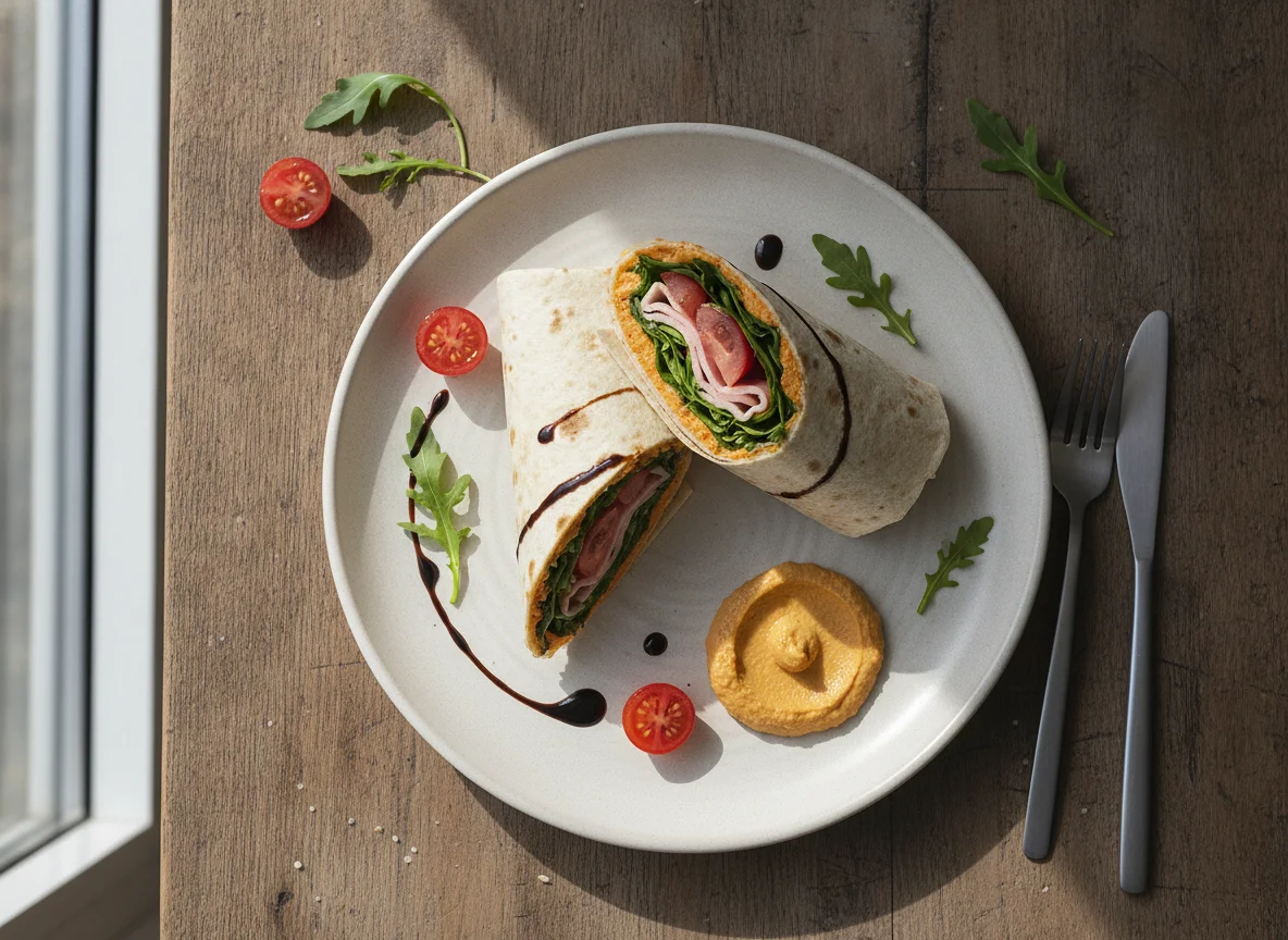 Wrap mit Schinken, Salat und Tomaten photo